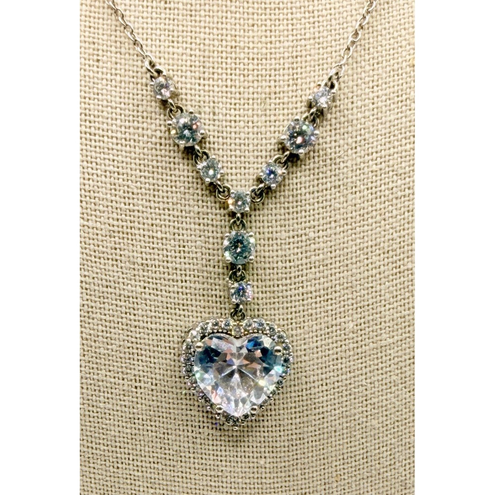 JCH CZ Heart Pendant Necklace Silver Tone Rhinestone Chain 18–20 Inch